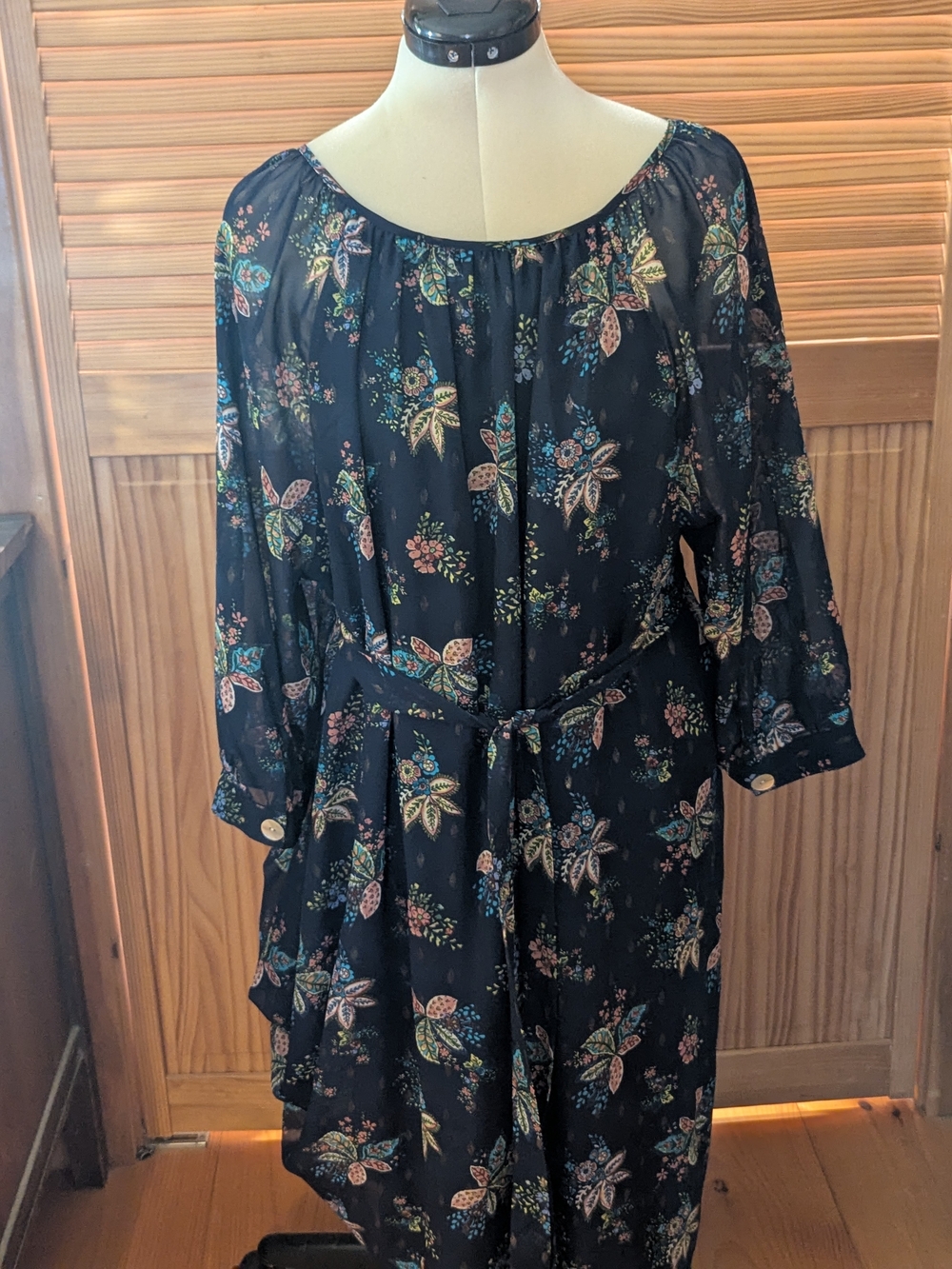 Black Floral Long Sleeve Belted Peasant Dress